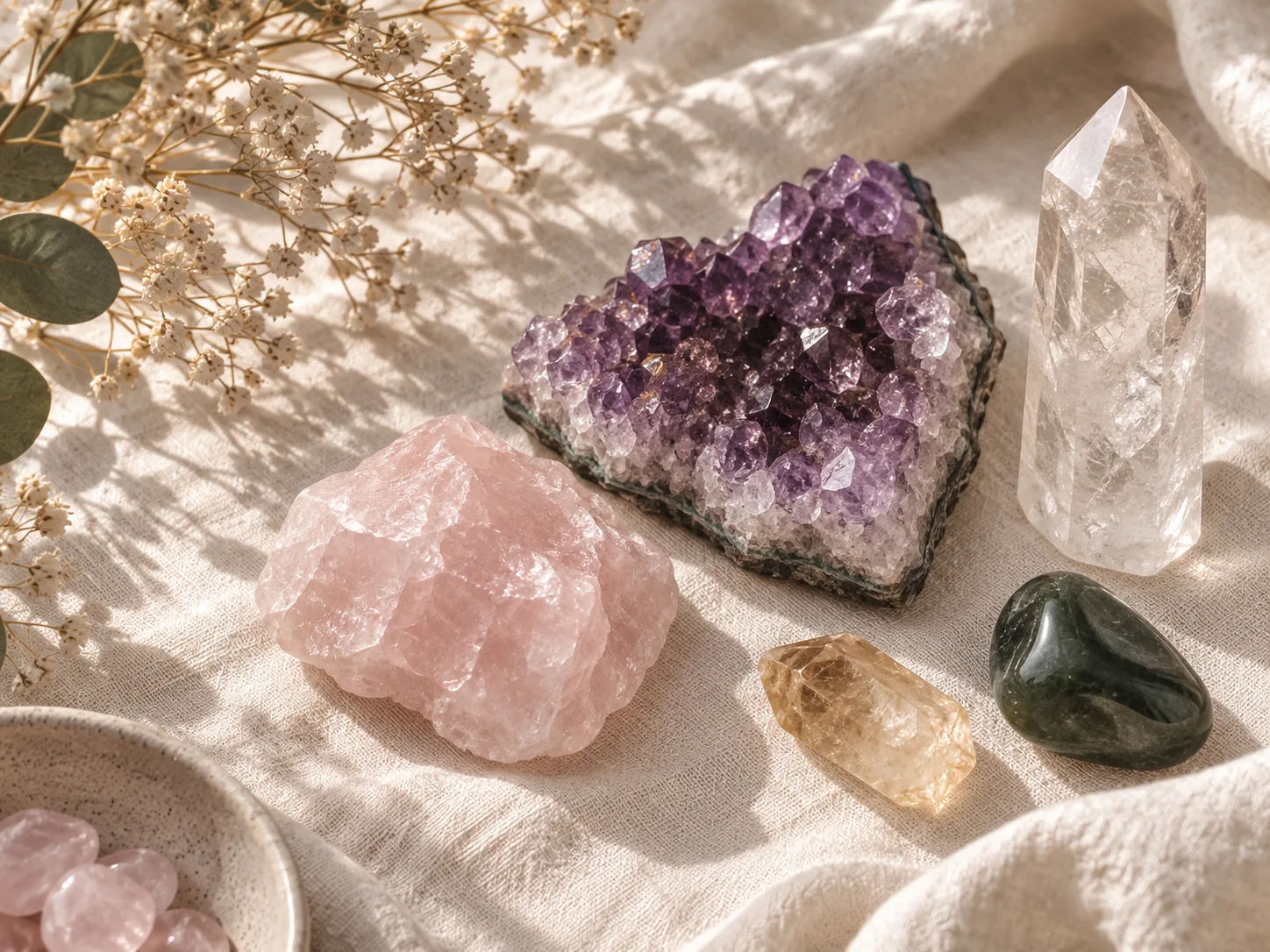 Amethyst, rose quartz, and clear quartz on softly lit linen