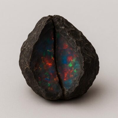 Raw black opal split open, revealing vivid flashes of red, green, and blue against a neutral background.