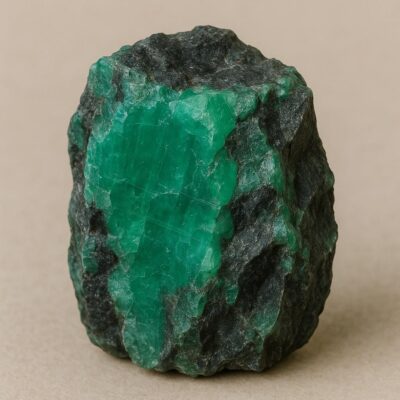 Raw Emerald crystal with jagged edges and rich green color.