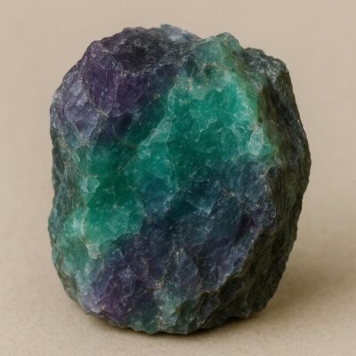 Raw Fluorite crystal with jagged edges and vivid green-purple hues.