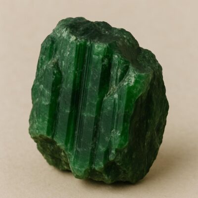 Raw Green Tourmaline crystal with jagged edges and rich green striations.