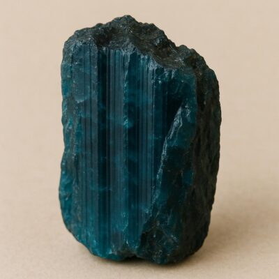 Raw Indicolite Blue Tourmaline crystal with jagged edges and deep blue striations.