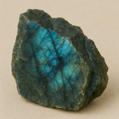 Raw Labradorite crystal with jagged edges and vibrant blue-green iridescence.