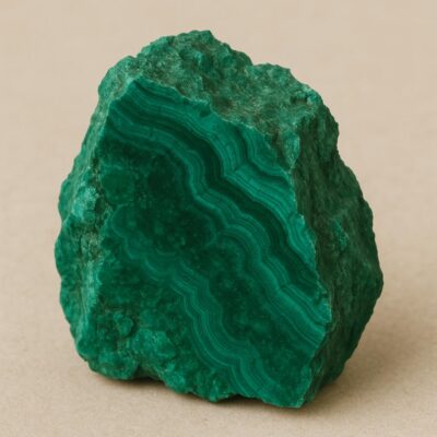 Raw Malachite crystal with jagged edges and vivid green banding patterns.