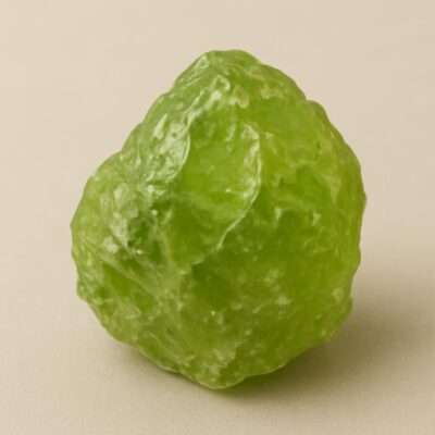 Raw Peridot crystal with jagged edges and vivid green color.