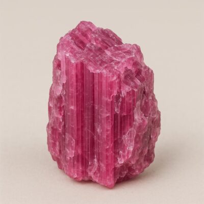 Raw Pink Tourmaline crystal with jagged edges and vibrant pink hues.