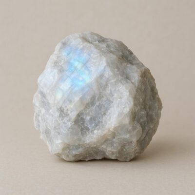 Raw Rainbow Moonstone crystal with jagged edges and blue iridescent flash.