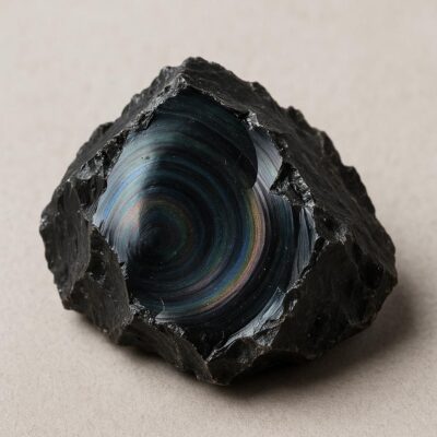 Raw Rainbow Obsidian crystal with jagged edges and multicolor iridescent sheen.