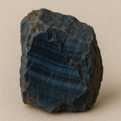 Raw Blue Tiger Eye stone with natural, jagged edges showcasing vibrant blue, gold, and brown bands.