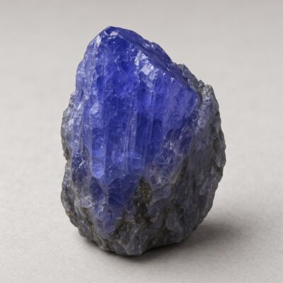Natural raw tanzanite crystal with deep violet-blue color and jagged edges on a neutral background.