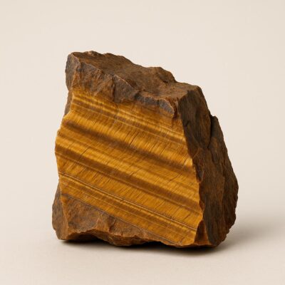 Natural raw tiger eye with golden-brown shimmer and rough jagged edges on a neutral background.