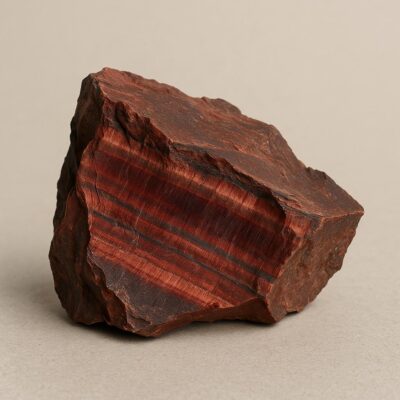 Raw Red Tiger Eye stone with jagged edges and rich chatoyant red-brown bands.
